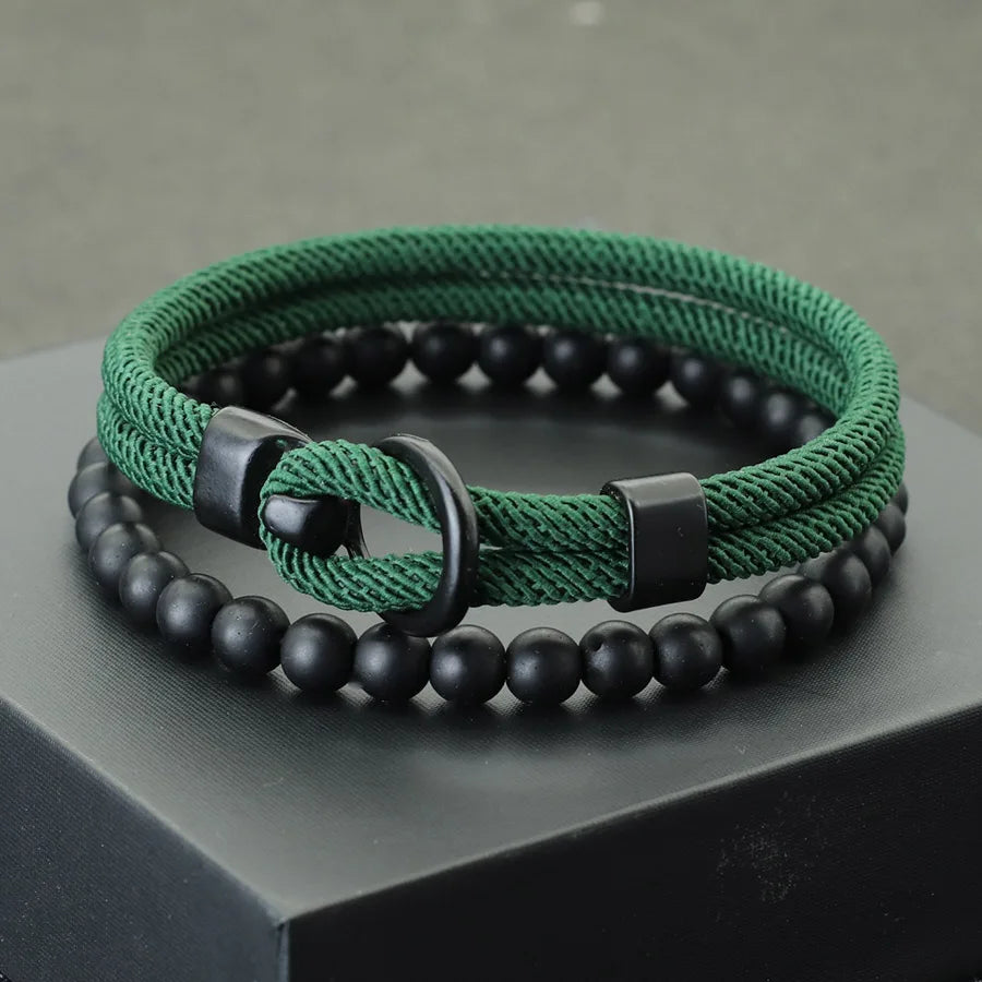 Noter Neue 2 Teile/satz Männer Armband Set Doppel Schicht Seil Nautischen Armband 6mm Schwarz Onyx Stein Armband Freizeit Zubehör pulseria