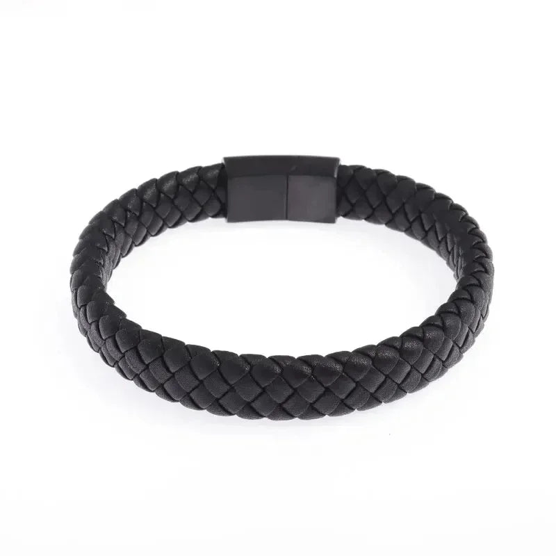 Klassisches einlagiges schwarzes handgewebtes Lederarmband mit Metall-Magnetverschluss, Herrenmode, Business-Schmuck, Geschenk