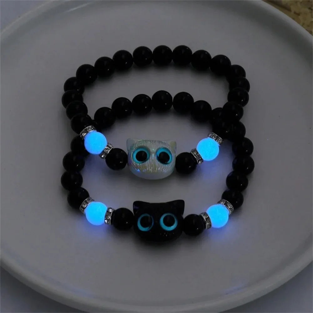 Passende Armbänder für Paare, Damen und Herren, leuchtend, niedliche Katzen-Freundschaftsarmband, schwarz-weiße Katzenkopf-Armreifen, leuchtet im Dunkeln, Geschenk