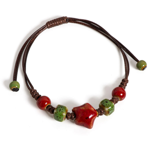 Handgefertigtes glasiertes grünes quadratisches Stern-Keramik-Armband, böhmischer verstellbarer minimalistischer Schmuck S02-028