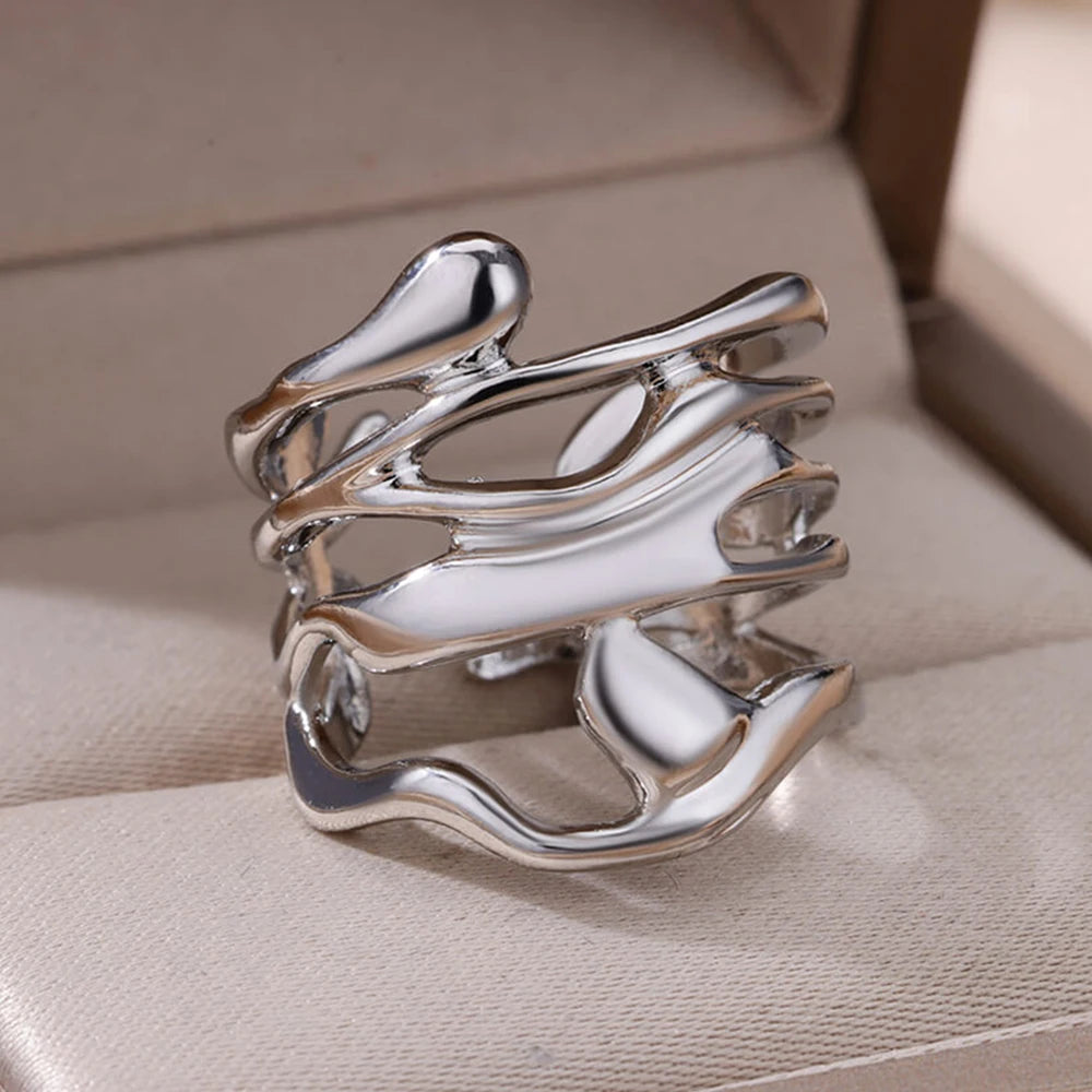 Edelstahl Ringe Für Frauen Männer Gold Farbe Hohl Weit Offenen Ring Weiblich Männlich Mode Hochzeit Party Finger Schmuck Geschenk 2024