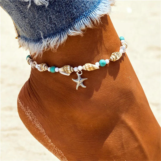 Modyle Vintage Silber Farbe Perlen Seestern Fußkettchen Für Frauen Handgemachte Perlen Knöchel Armband Sommer Strand Fuß Schmuck