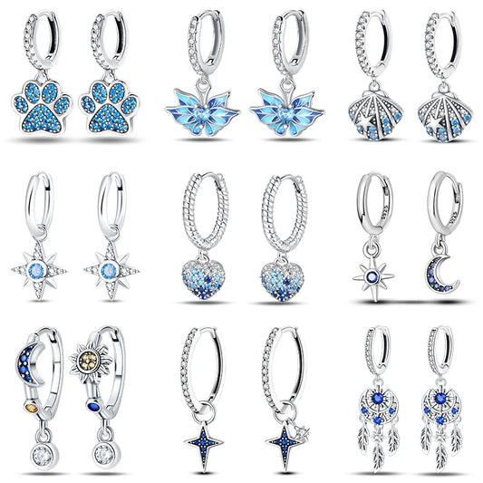 Heißer Verkauf Mode 925 Silber Farbe Ohrringe Blau Zirkon Sterne Mond Unregelmäßigkeit Ohrringe Für Frau Feine Geburtstag Schmuck Geschenke