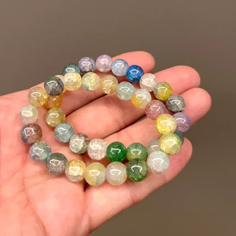 Natürliches rosa/buntes Kristall-/Porzellan-Armband mit Eis-Rissmuster und gemusterten Perlen, einzelner Kreis, glücklicher Heilstein, Schmuck, Geschenk