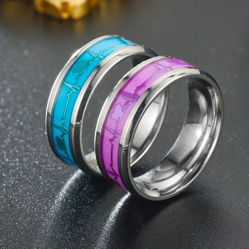 Leuchtende Edelstahl-Liebesherz-Paarringe, die im Dunkeln leuchten, fluoreszierende Anillos, Ehering, Fingerringe, Zubehör