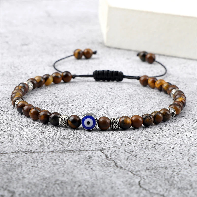 Evil Eye Armband, 4 mm, natürliche schwarze, matte Lavasteinperlen, handgefertigtes geflochtenes Armband für Männer und Frauen, Yoga, Reiki, verstellbarer Schmuck