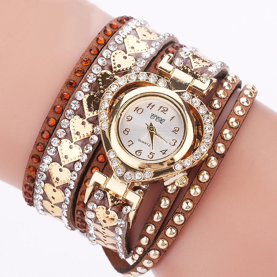 Mode Strass Herz Zifferblatt Frauen Uhren Lange Samt Band Armbanduhr