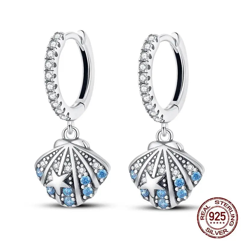 Leuchtende Muschel-Ohrringe für Damen, Original-Ohrringe aus 925er-Sterlingsilber, Pavé-CZ-Stern, Mond, Creolen, Verlobung, Hochzeit, Schmuck