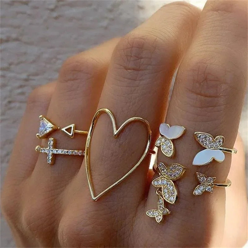 Boho Gold Farbe Herz Ringe Set Für Frauen Vintage Geometrische Kreuz Perle Schmetterling Finger Ringe Weibliche Trendy Schmuck Geschenk