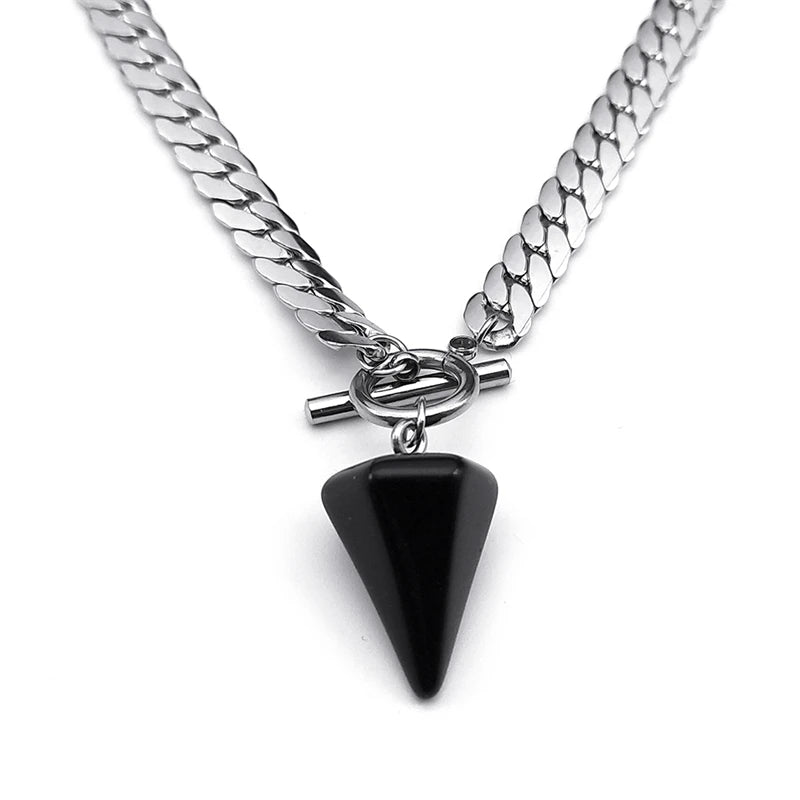 Goth Obsidian Reiki Heilung Pendel für Wahrsagerei Halskette Frauen Edelstahl Kette Kegel Anhänger Halsketten Schmuck NXS03