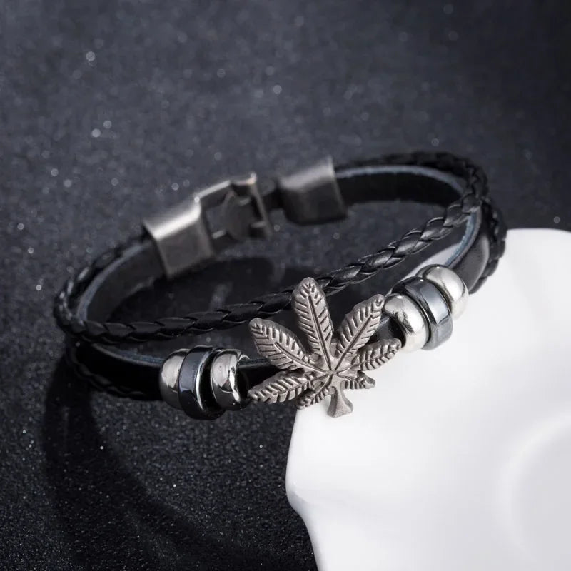 Neue Mode Punk Leder Widerstehen Müdigkeit Armband für Männer Vintage Blatt Form Charme Armreifen Geschenk für Mann Großhandel Groß