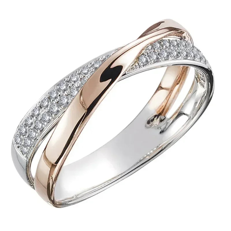 Klassischer zweifarbiger X-förmiger Kreuzring aus Edelstahl für Frauen, Hochzeit, trendiger Schmuck, schillernde Zirkon-Eheringe, moderne Ringe