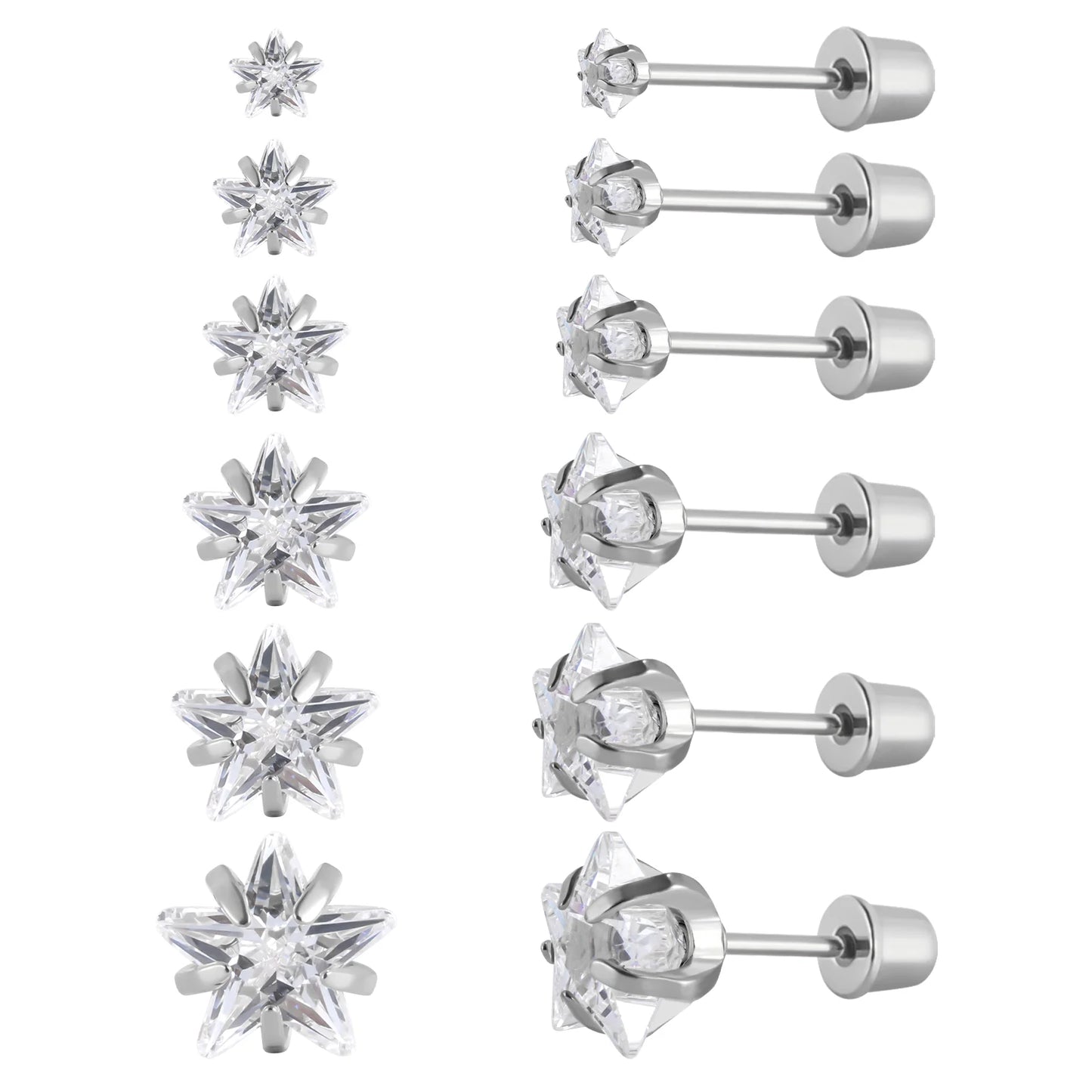 6-teiliges Ohrstecker-Set aus Edelstahl mit Schraubverschluss, vergoldet, Herz, Stern, quadratisch, Prinzessinnenschliff, rund, Zirkonia, CZ