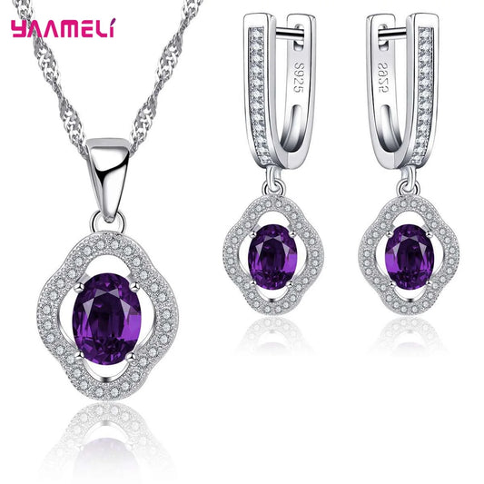 Luxus-Schmucksets aus echtem Sterlingsilber 925, glänzender klarer Kubikzircon, Blumen-Anhänger, Halskette, Ohrringe, Kette, Party-Zubehör