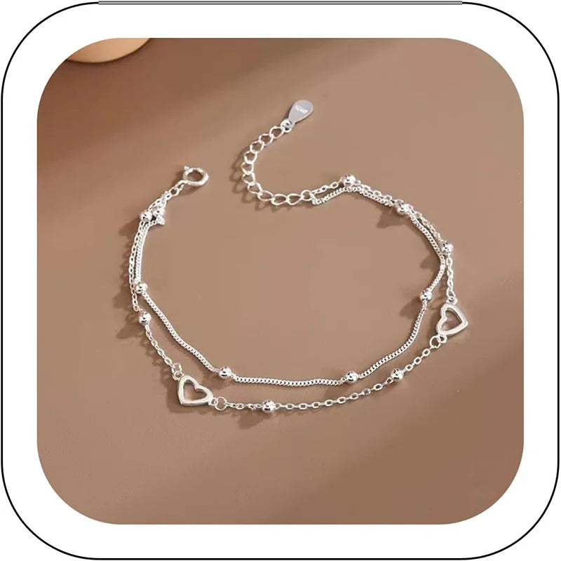 Runde Perle, hohles Liebesarmband, Herz, handverziert, doppeltes Design, süßes 925er Silber vergoldetes Kettenarmband für Frauen und Mädchen, Geschenke