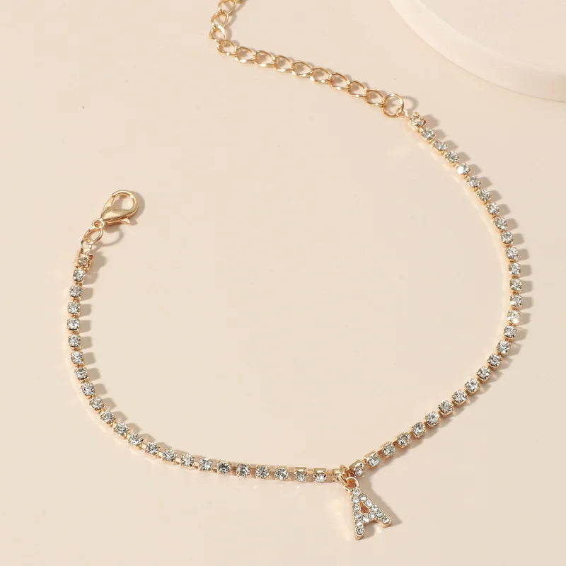 A-Z Fußkettchen mit 26 Anfangsbuchstaben für Frauen, Kristallzirkon, Alphabet, kubanische Gliederkette, Strandbein-Armbänder, böhmischer Schmuck, Geschenk