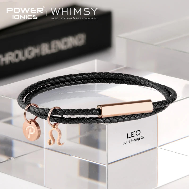 Power Ionics Launen 12 Zodiacs Serie Männer Frauen Echt leder Wrap Charm Armband Geburtstags tag Geschenke kostenlose benutzer definierte Gravur