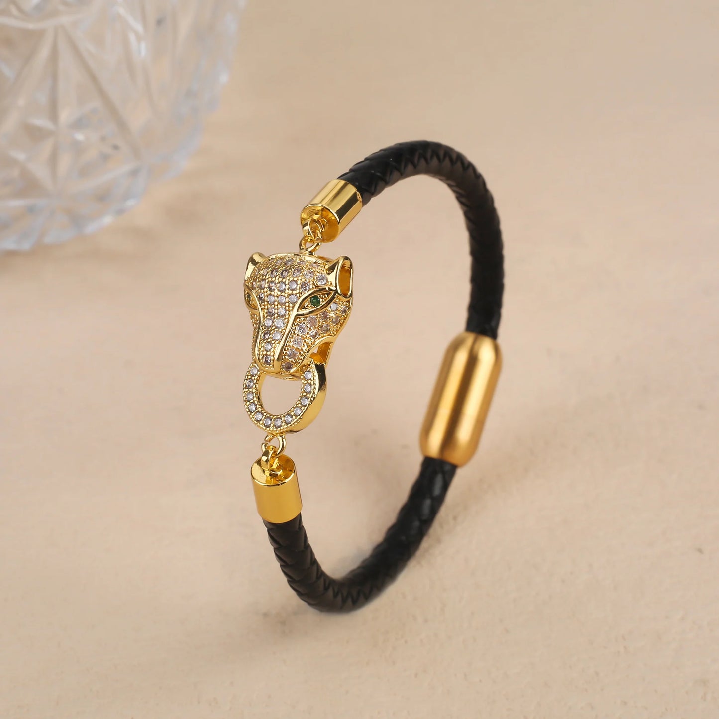 Voller Zirkonia, Leoparden-Tier-Leder, geflochtenes Edelstahl-Armband, klassisch für Mann und Frau, täglicher Party-Schmuck, Geschenk