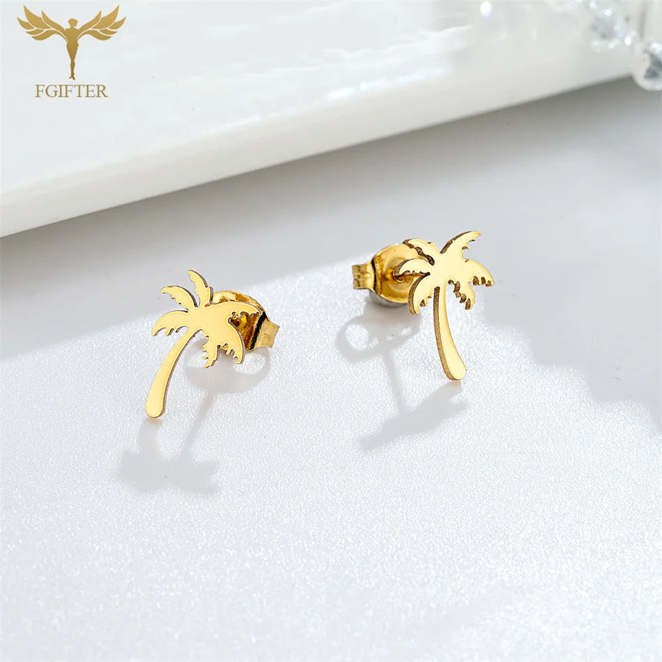 12-fache Kokosnussbaum-Pflanzen-Ohrringe für Damen und Herren, Sommerurlaub, Schmuck, goldenes Metall, Edelstahl, Piercing-Ohrstecker-Set