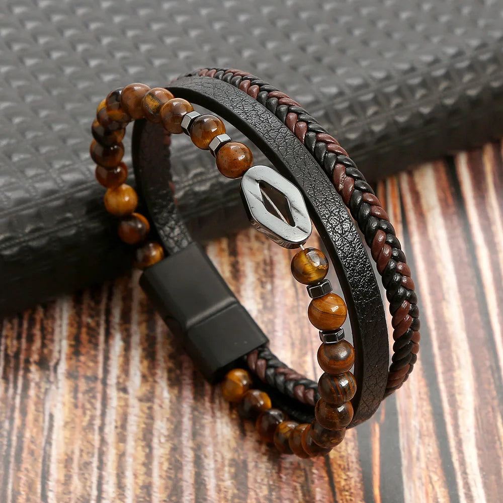 Heiße Mode Perlen Leder Armband Männer Klassische Tigerauge Perlen Multi Schicht Leder Armband Für Männer Schmuck 2023 Geschenk