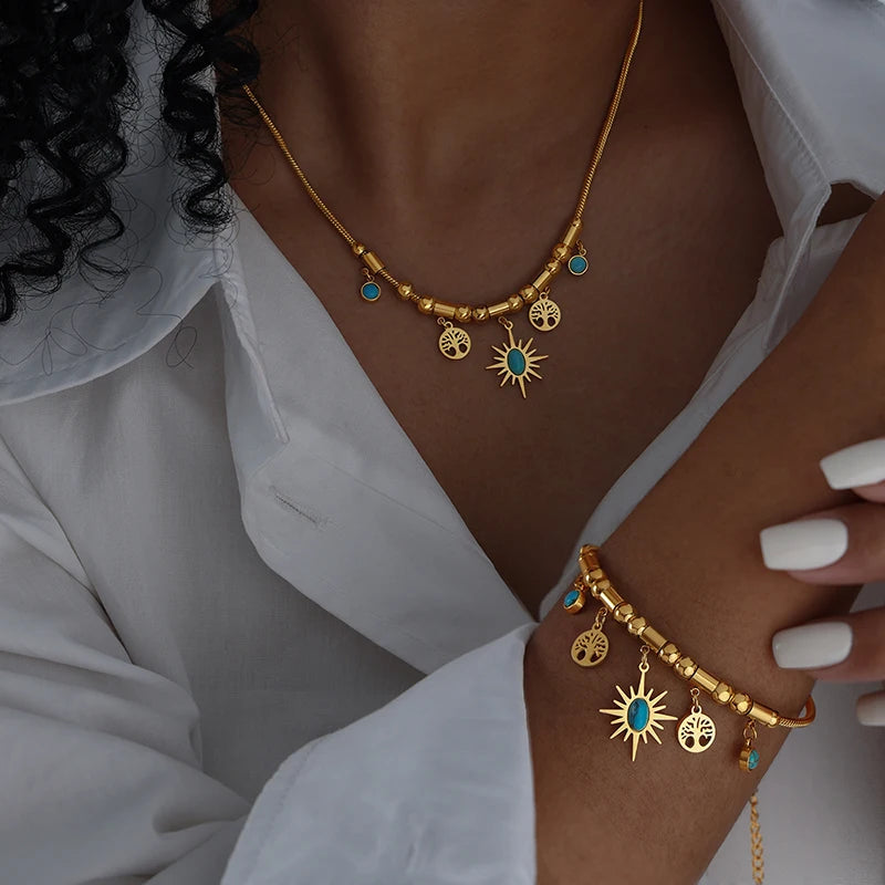 Mode Edelstahl vergoldet Armband Halskette Set Frau 2-teilig Luxus Braut Hochzeit Schmuck Zubehör