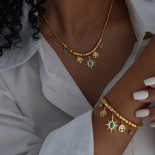 Mode Edelstahl vergoldet Armband Halskette Set Frau 2-teilig Luxus Braut Hochzeit Schmuck Zubehör