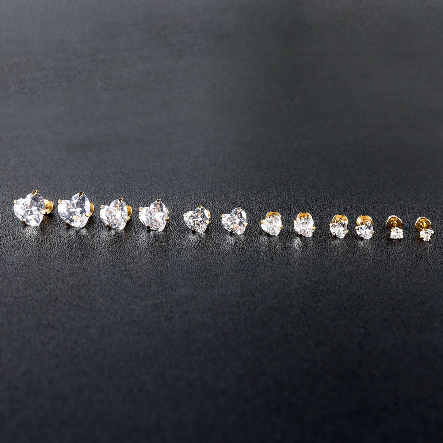 6-teiliges Ohrstecker-Set aus Edelstahl mit Schraubverschluss, vergoldet, Herz, Stern, quadratisch, Prinzessinnenschliff, rund, Zirkonia, CZ