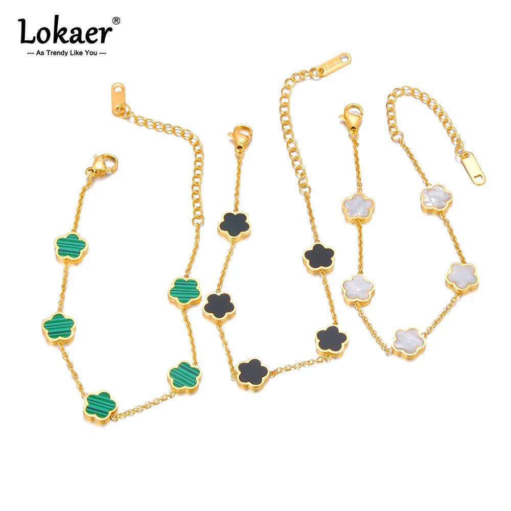 Mode Edelstahl Weiß Schwarz Grün Shell Blume Charme Armbänder Für Frauen Echt Vergoldet Kette Schmuck B23071