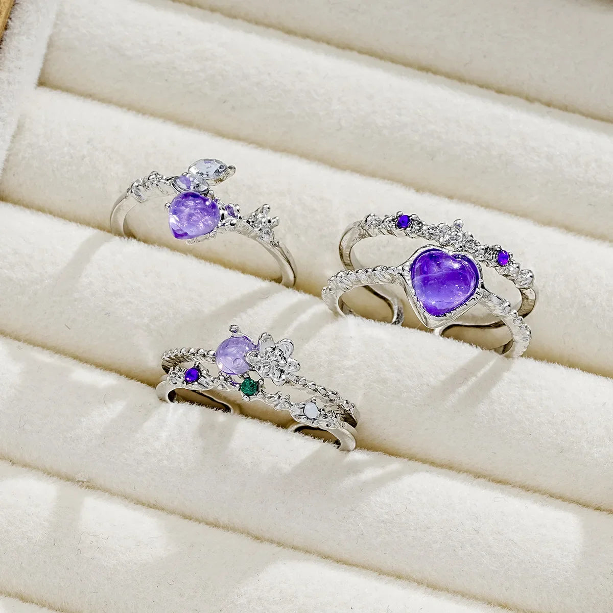 3PCS Trendy Y2k Herz-förmigen Zirkon Rosa Kristall Ringe Frauen Elegante Exquisite Shiny Offenen Kristall Ring Mädchen Partei schmuck Geschenke