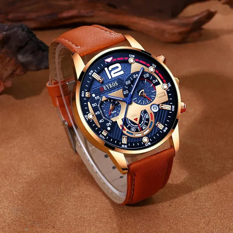 2 Stück Set Mode Herren Kalender Uhren Luxus männlich Business lässig braun Leder Quarzuhr Männer Armband Armbanduhr