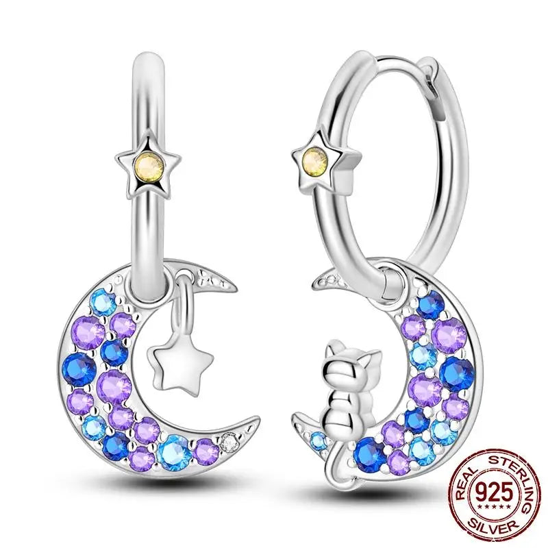 Leuchtende Muschel-Ohrringe für Damen, Original-Ohrringe aus 925er-Sterlingsilber, Pavé-CZ-Stern, Mond, Creolen, Verlobung, Hochzeit, Schmuck