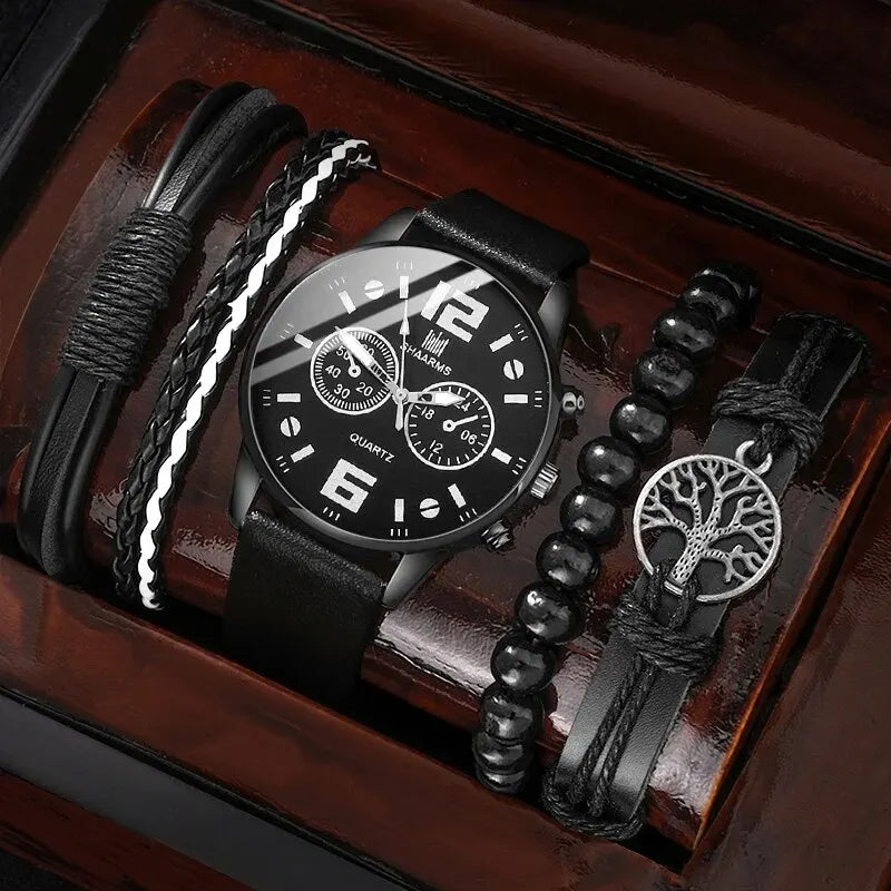 5PCS Set Mode Herren Sport Armband Uhren Für Männer Retro Große Zifferblatt Quarz Armbanduhr Klassische Männliche Casual braun Leder Uhr