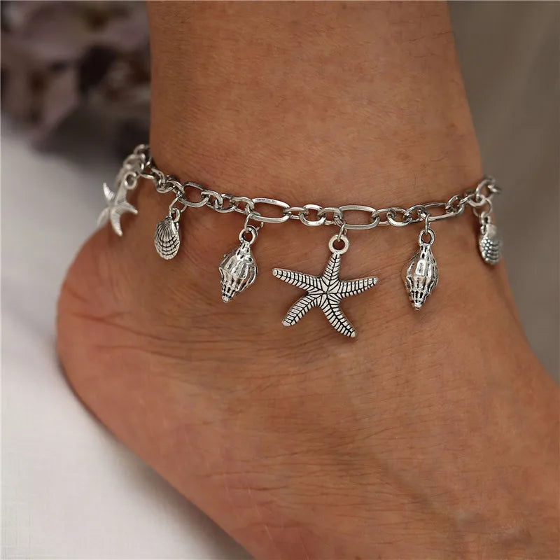 Modyle Vintage Silber Farbe Perlen Seestern Fußkettchen Für Frauen Handgemachte Perlen Knöchel Armband Sommer Strand Fuß Schmuck