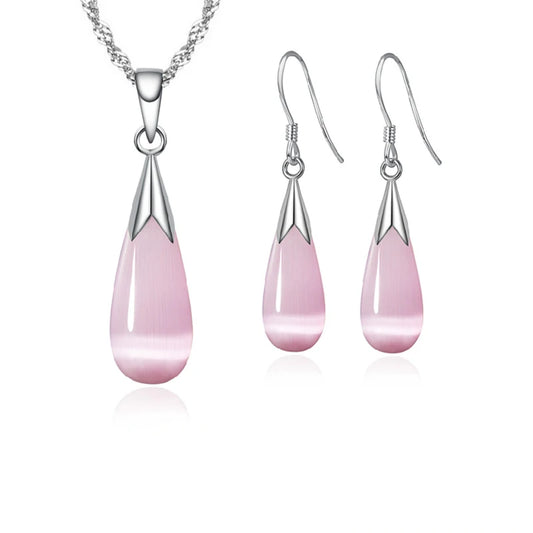Reines 925 Sterling Silber Schmuck Set einfache weiße rosa Wasser tropfen Opal Katzenauge Steine Anhänger Halskette/Haken Ohrringe/Kette