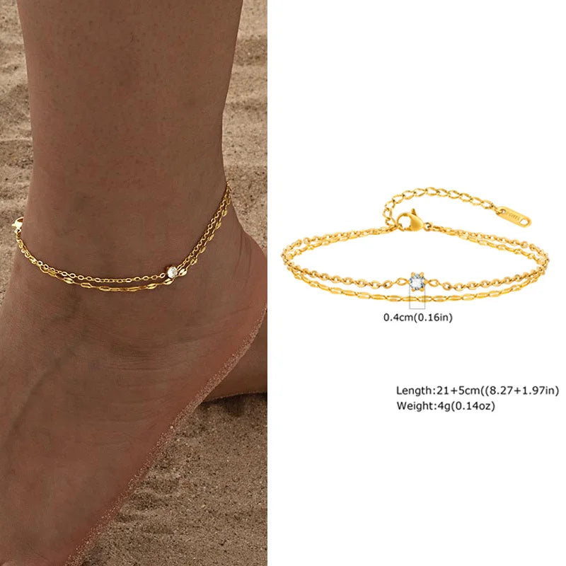 Wasserdichtes mehrlagiges Fußkettchen-Armband für Damen, verstellbar, vergoldet mit Zirkonia-Edelstahl-Gliederfußkette, Schmuck