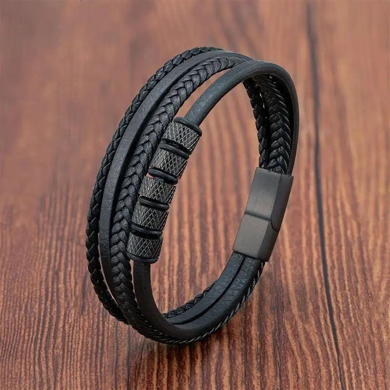 Punk Männer Leder armband mit Edelstahl Magnet verschluss geflochten mehr schicht ige Leder verpackung Armreifen Mann Schmuck Geschenk