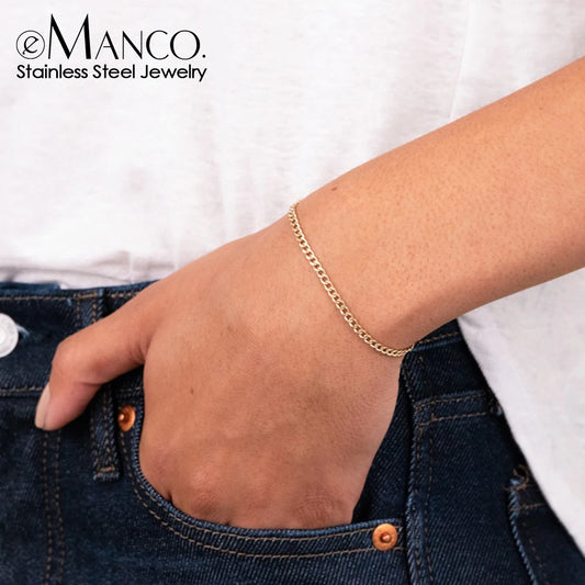 eManco Kubanische Kette, vergoldetes Sommer-Damenarmband, Edelstahl, verbesserter Karabinerverschluss, verstellbar, einfacher Schmuck