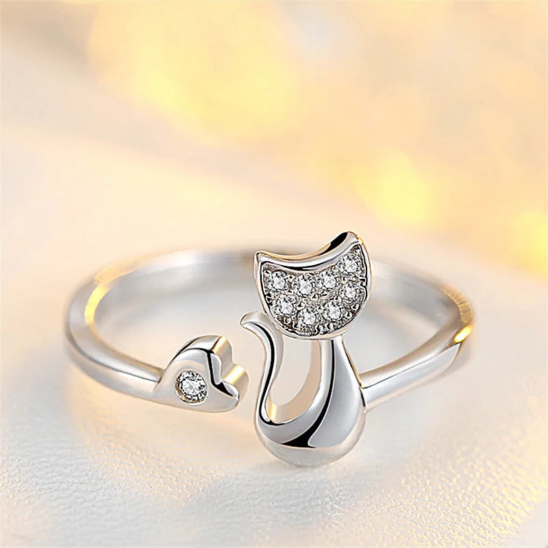 Neue Charme Kristall Offene Ringe Top Qualität Zirkonia Kristall Intarsien Niedlichen Tier Katze Ring für Frauen Mädchen Mode Tier