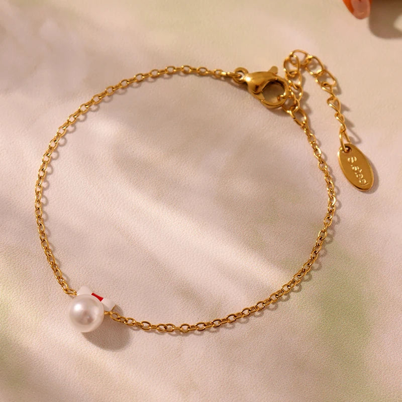 Liora Mode Emaille Bowknot Anhänger Simulierte Perle Halskette Armband Ring Ohrringe Für Mädchen Edelstahl Charme Schmuck Set
