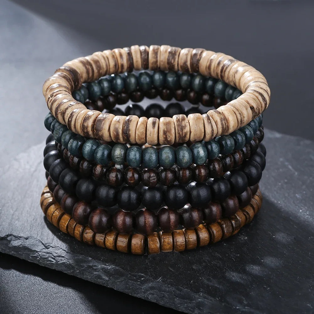 Meistverkaufte mehrschichtige Buddha-Holzperlen-Armbänder-Sets für Herren im Retro-Stil, mehrschichtiges, elastisches Faden, verstellbares Holzarmband