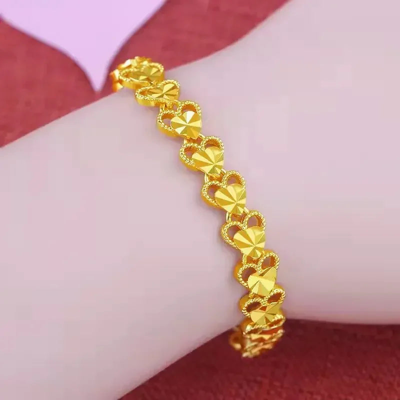 Überzogenes Goldarmband, weiblich, rein vergoldet, goldene Liebe, Glücksperle, Doppel-Herz-Phoenix-Schwanz-Schmetterlings-Armreif, Schmuck