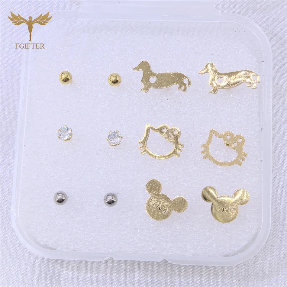6-teiliges Ohrstecker-Set aus chirurgischem Edelstahl, niedlicher Haustier, Hund, Katze, Tier, goldener Schmuck, Damen- und Mädchen-Accessoires, Geschenk mit Box