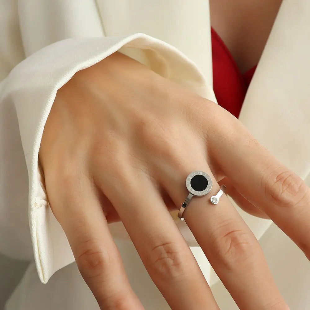Vintage römische Ziffer Zirkon Schwanz Ring schwarz Muschel Edelstahl klassisches Design Ringe ästhetisch verstellbar Ring Schmuck Geschenk