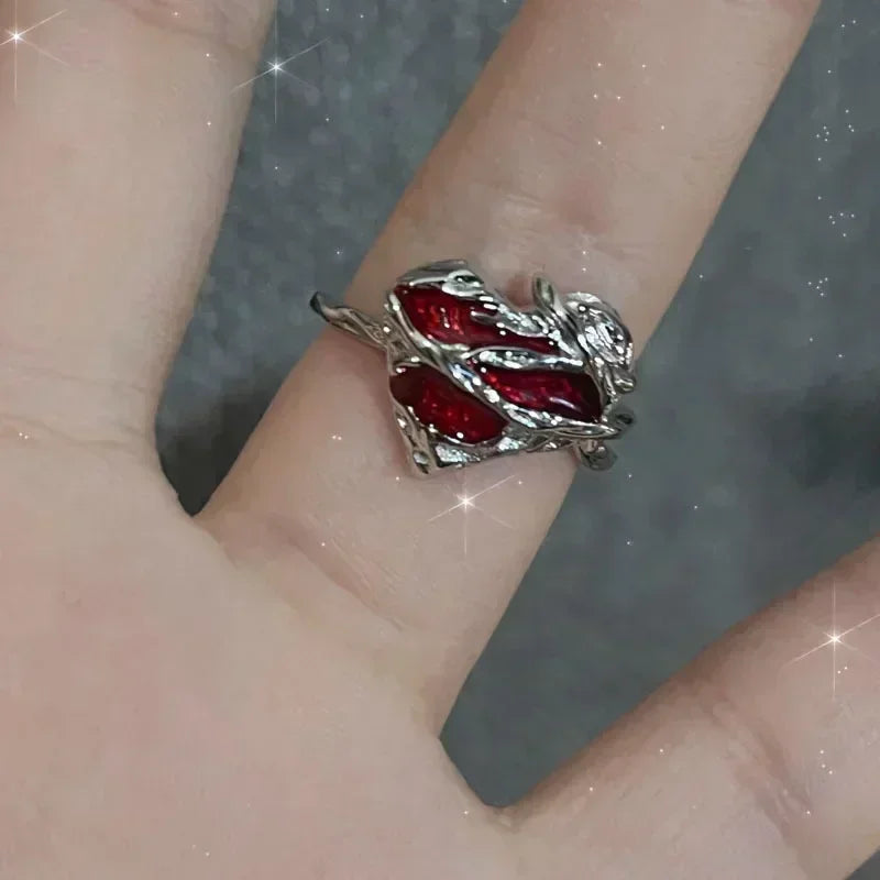 Unregelmäßige rote Kristallglas Herz ästhetische Ringe für Frauen Y2K Gothic Tier Spinne Ring kreative Grunge Schmuck Zubehör