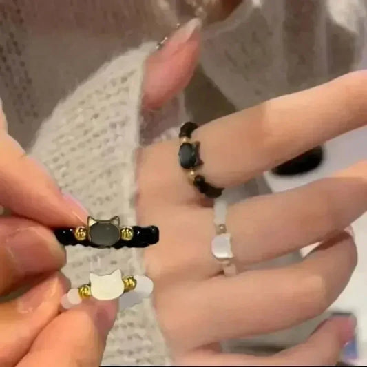 2 stücke Natürliche Mondstein Obsidian Ringe Perlen Minimalistischen Zappeln Ring Nette Schwarz Weiß Katze Ring Frauen Männer Party Zubehör Schmuck