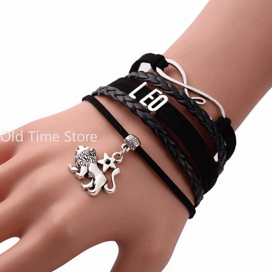 12-Sternbild-Sternzeichen, schwarzes geflochtenes Lederarmband, Krebs, Löwe, Jungfrau, Waage, gewebter Schmuck, Punk-Männer-Anhänger-Armband 2022