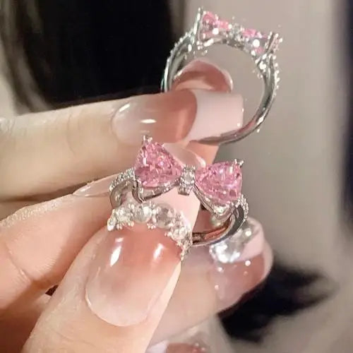 Glänzende weiße Schleife-Ringe für Damen und Mädchen, koreanischer exquisiter Schmuck, offener Ring mit glänzender Fliege, Zirkon, für Party-Liebhaber-Geschenke