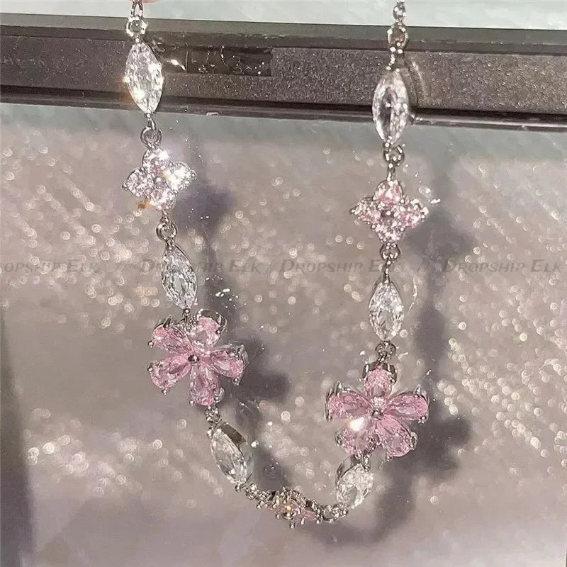 Koreanische Elegante Kirschblüte Bogen Zirkon Armband Y2K Süße Damen Hochzeit Kristall Blumen Armbänder Frauen Schmuck Zubehör