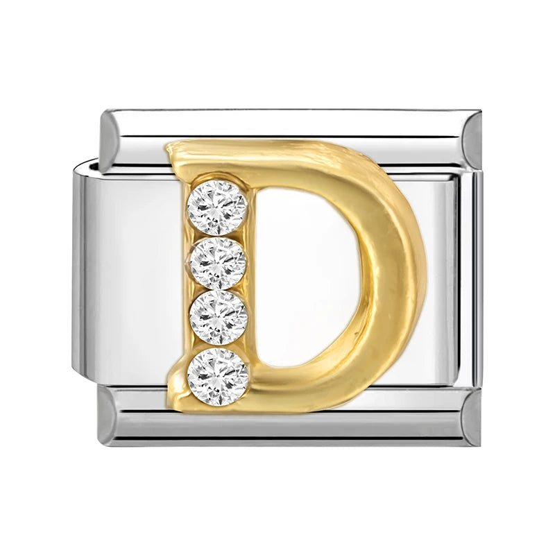 Neues modisches italienisches Armband mit 26 englischen Buchstaben, Edelstahl-Armreif, goldfarben, eingelegter Zirkonia, DIY-Herstellung von Schmuck, Geschenken