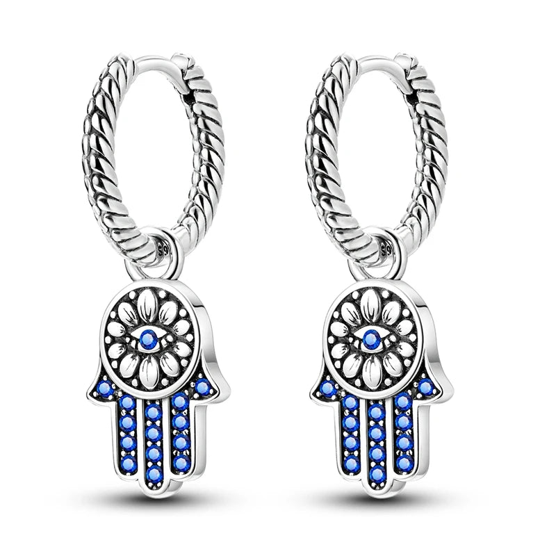 Original 925 Sterling Silber Hand von Fatima Blue Eye of Evil Creolen Kreuz Eardrop Ohrringe für Frauen Geschenk